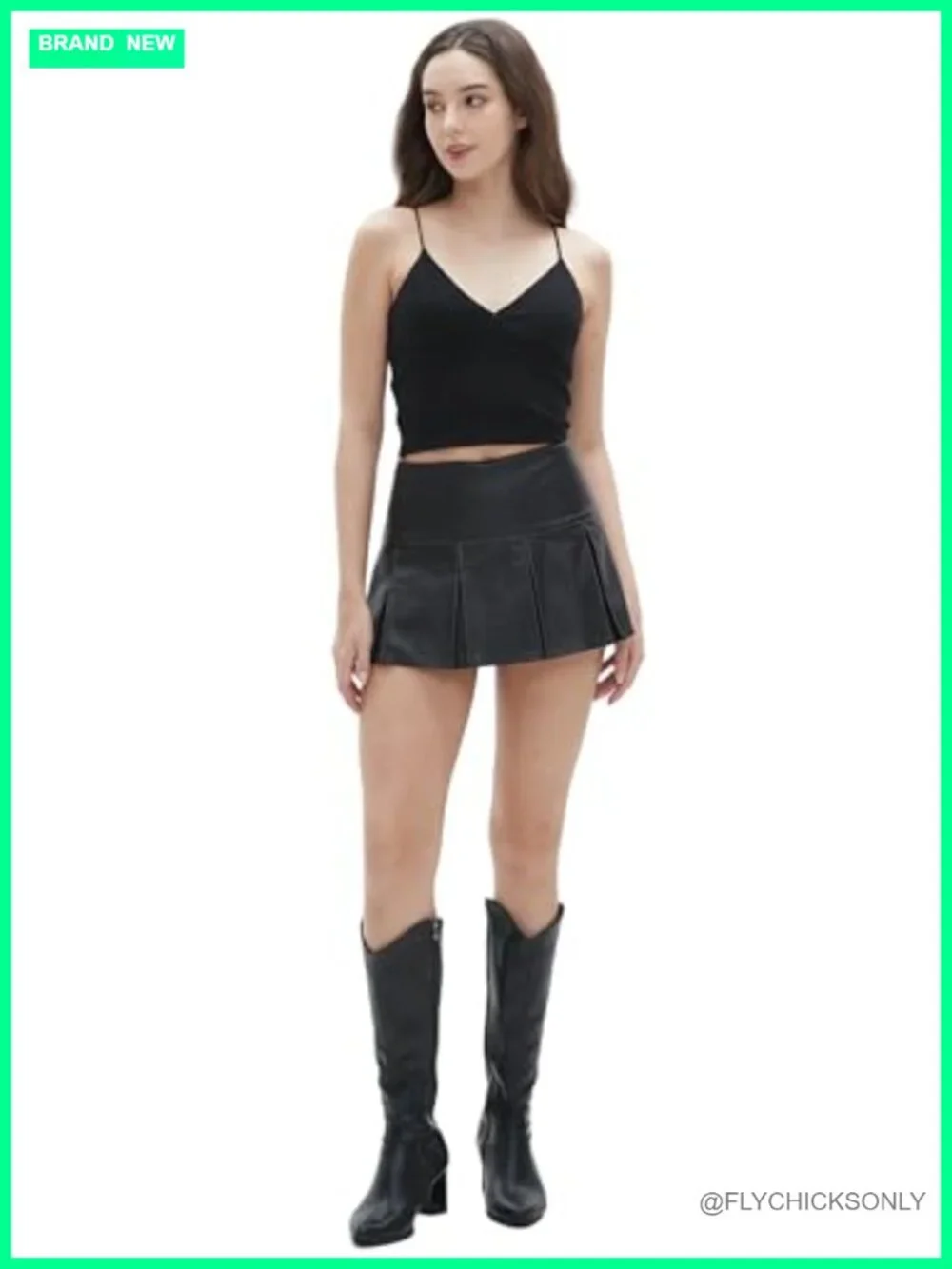 PU Faux Leather Mini Skirt with Pleats, A-Line Silhouette, Zip Closure
